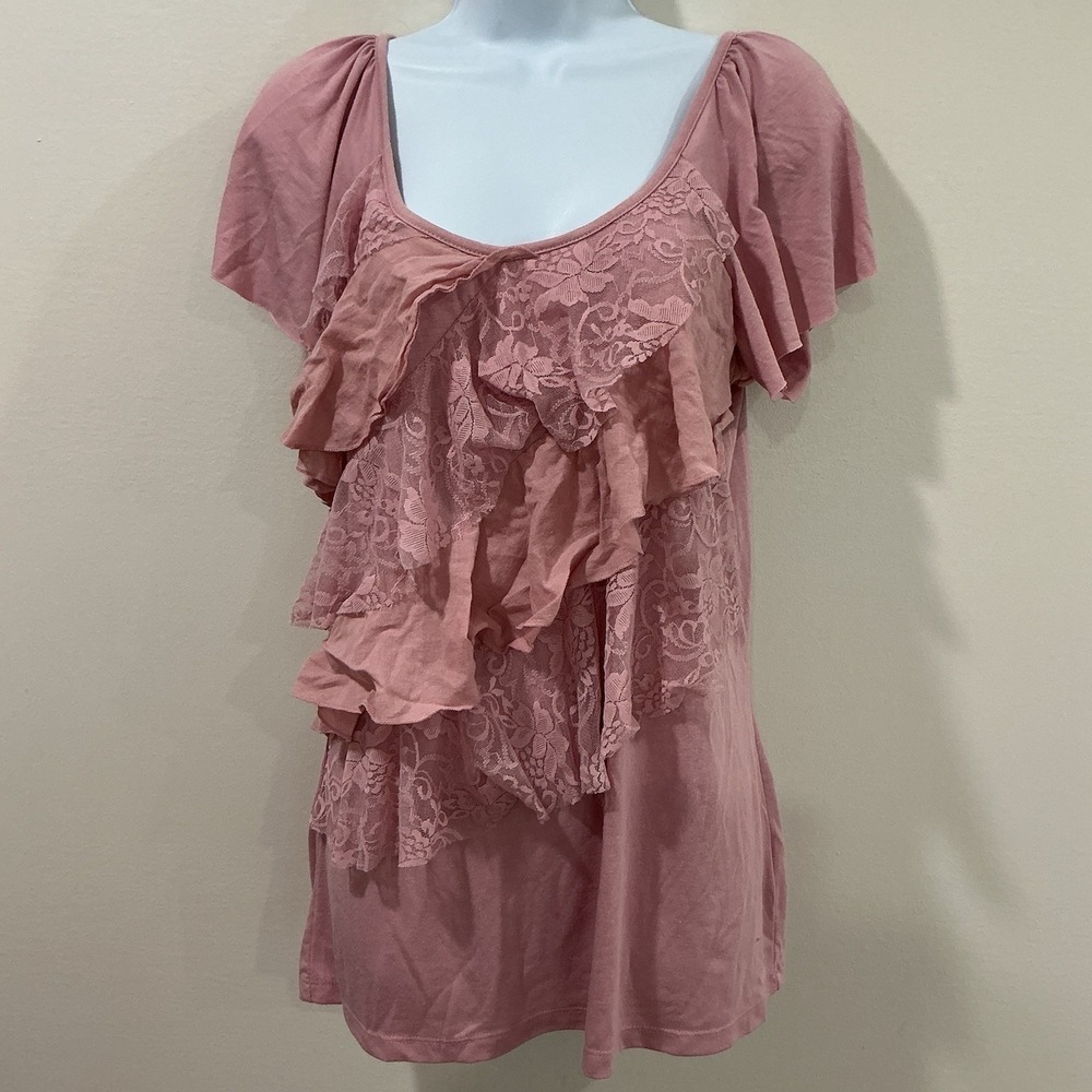 Almost Famous Womens Top Size XL Pink Floral Lace Mesh Romantic Fairy Y2K Ruffle